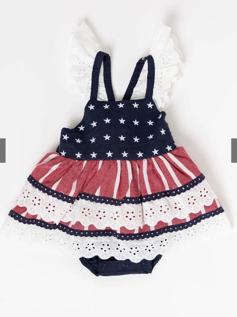 New with tags Bums and Roses Red & White Star-Stripe flag Sundress Romper 4T